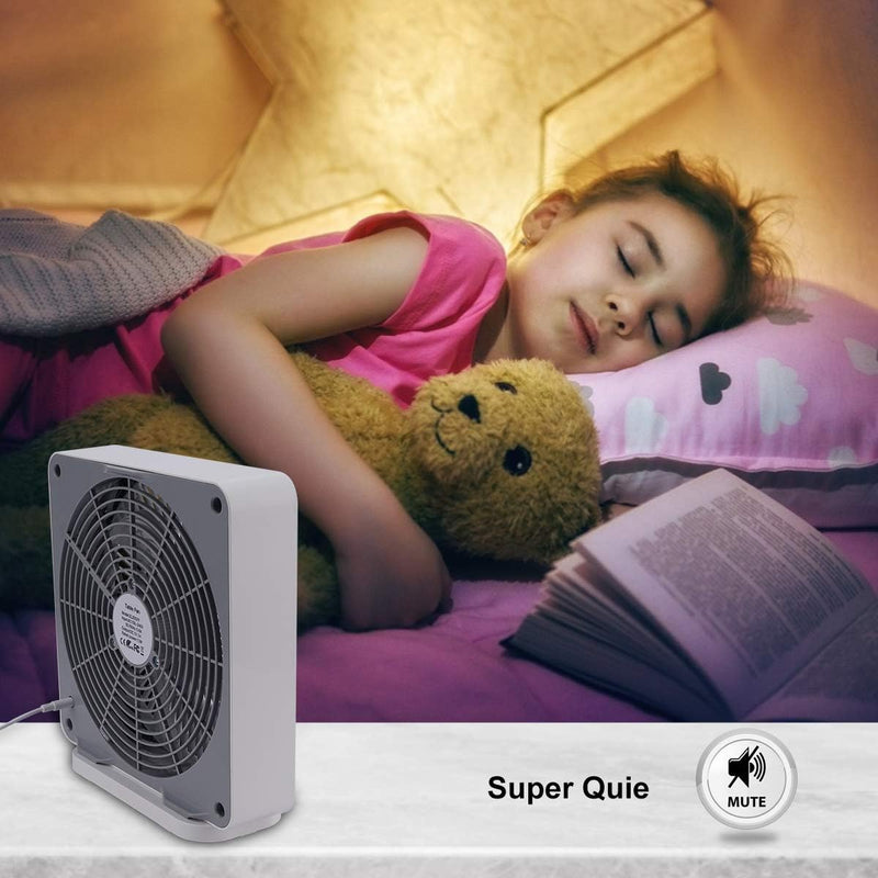 Box Fan, Three Speeds Window Table Cooling Fan 10 Inch DC Desk Fan with Plug-In AC Adapter, Strong Wind,Quiet Operation Work Fan for Home Bedroom Office Desk Outdoor Travel