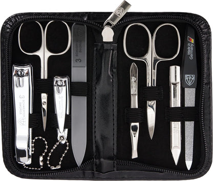 3 Swords Germany - brand quality 8 piece manicure pedicure grooming kit set for professional finger & toe nail care scissors clipper fashion leather case black in gift box, Made in Germany