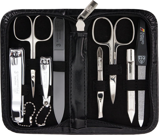 3 Swords Germany - brand quality 8 piece manicure pedicure grooming kit set for professional finger & toe nail care scissors clipper fashion leather case black in gift box, Made in Germany