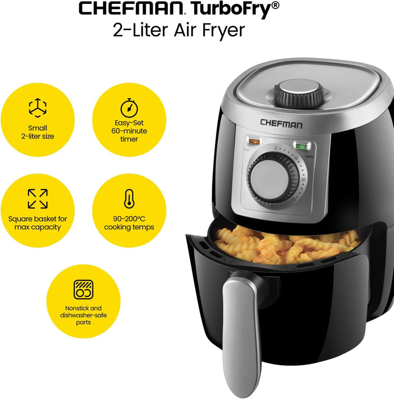 Chefman TurboFry 2-Quart Air Fryer, Personal Compact Healthy Fryer w/ Adjustable Temperature Control, 60 Minute Timer and Dishwasher Safe Basket, Black