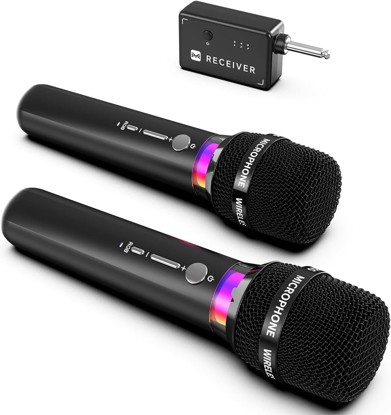 Wireless Microphone, Rechargeable Wireless Dual Microphones with One-to-One Chip Connection and LED Lights, 40H Duration, 200FT Range Receiving, Less Latency Karaoke Microphone for Singing