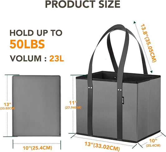 BURVAGY 4 Pack Reusable Grocery Bags - Heavy Duty Reusable Shopping Bags with Box Shape to Stand Up, Stay Open, Fold Flat - Foldable Grocery Tote Bag with Long Handles & Reinforced Bottom Grey