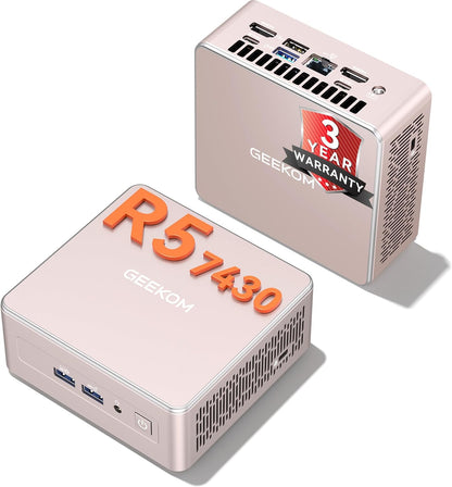 GEEKOM A5 Mini PC Windows 11 Pro, AMD Ryzen 5 7430U (Up to 4.5GHz), 16GB Upgradeable DDR4 RAM (Not LPDDR), 512GB NVMe SSD, Vega 7 Graphics, Wi-Fi 6, Bluetooth 5.2, Quad Display, 8K Support