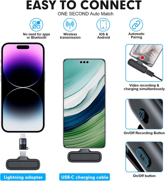 2-Pack Wireless Lavalier Microphone for iPhone iPad Android, Mini Microphone Included Charging Case & Jack Adapter, Noise Reduction Plug-Play Clip on Lapel Mic for Youtuber, Recording,Vlog, Facebook