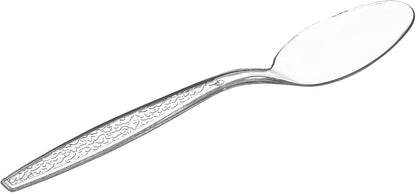 [100 Count] Engraved Clear Tea Spoons – Elegant Disposable Mini Utensils with Stylish Etched Design for Coffee, Desserts, and Events - Formerly Comfy Package
