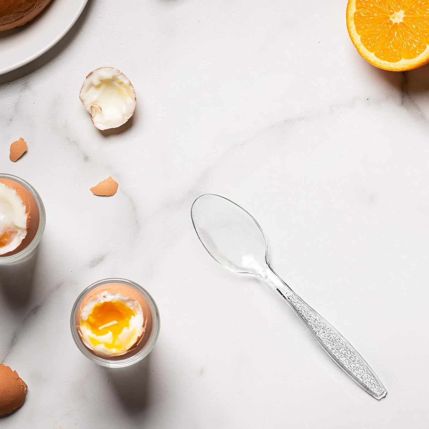 [100 Count] Engraved Clear Tea Spoons – Elegant Disposable Mini Utensils with Stylish Etched Design for Coffee, Desserts, and Events - Formerly Comfy Package