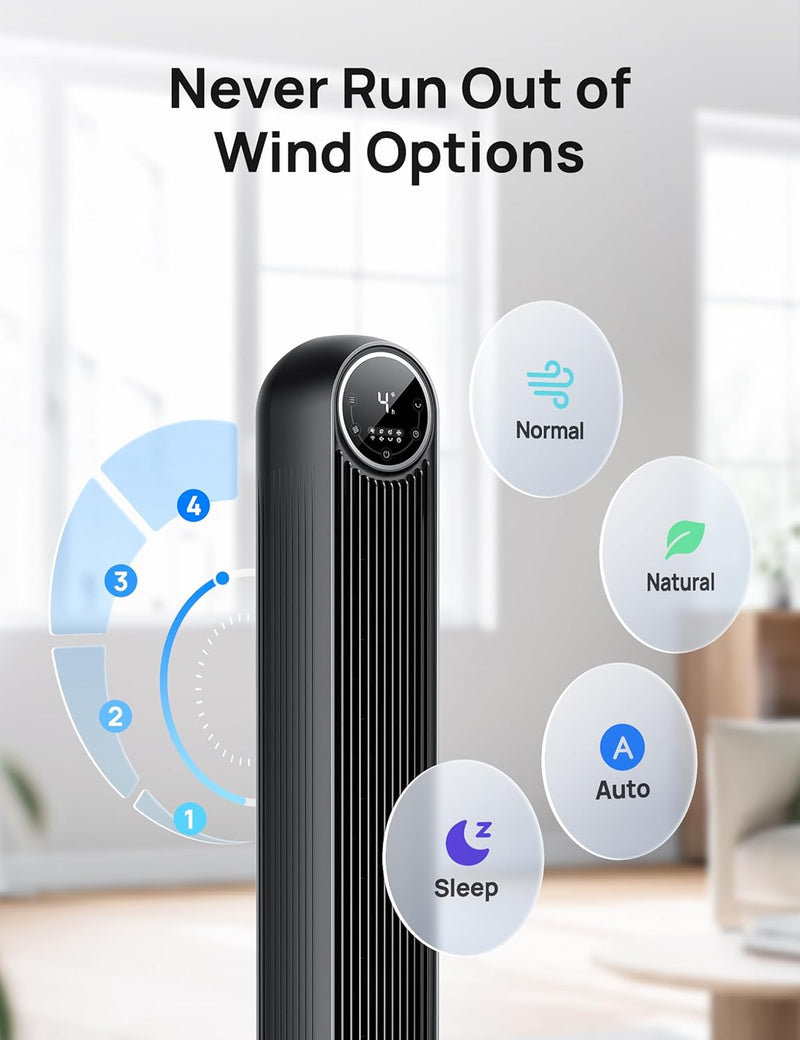 Dreo 28dB Tower Fan for Bedroom, 25ft/s Velocity Portable Cooling Fan, 90° Oscillating Standing Fans for Home, LED Display, 4 Speeds, 4 Modes, Timer, Quiet Electric Bladeless Fan, Remote Control