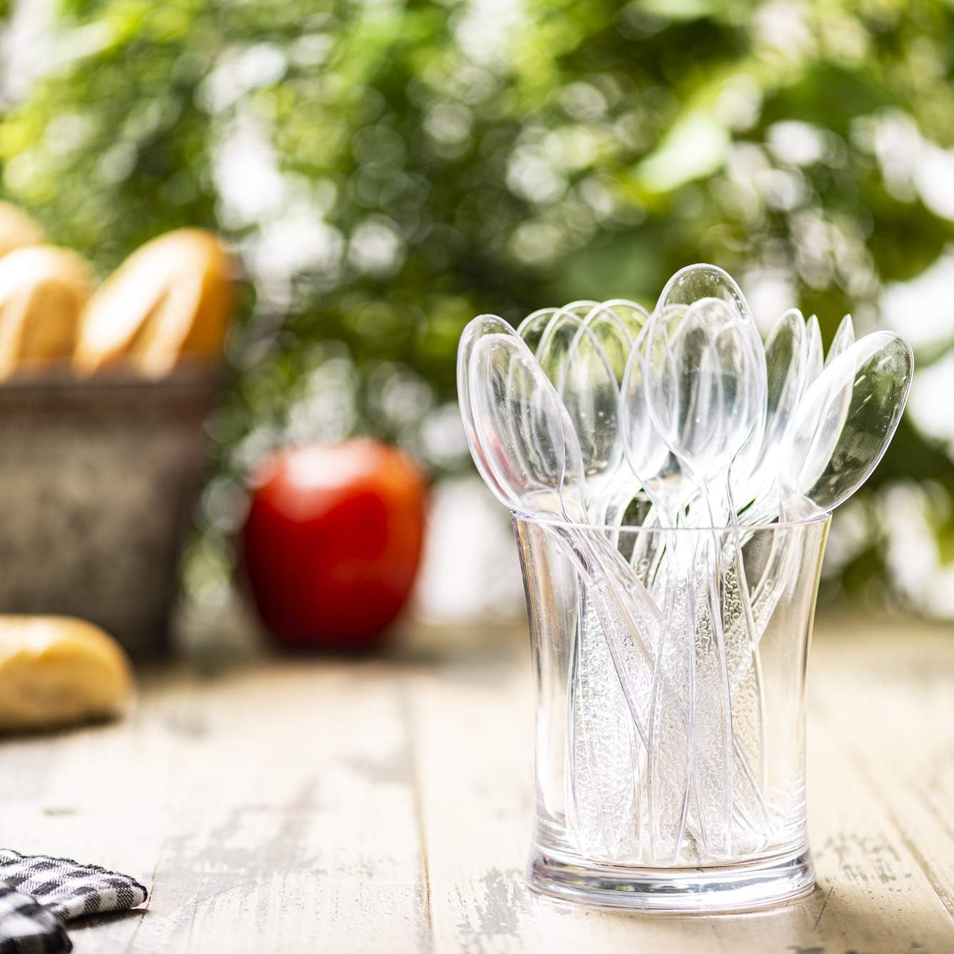 [100 Count] Engraved Clear Tea Spoons – Elegant Disposable Mini Utensils with Stylish Etched Design for Coffee, Desserts, and Events - Formerly Comfy Package