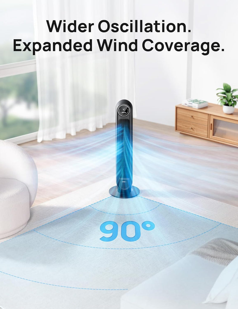 Dreo 28dB Tower Fan for Bedroom, 25ft/s Velocity Portable Cooling Fan, 90° Oscillating Standing Fans for Home, LED Display, 4 Speeds, 4 Modes, Timer, Quiet Electric Bladeless Fan, Remote Control
