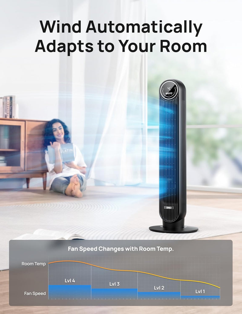 Dreo 28dB Tower Fan for Bedroom, 25ft/s Velocity Portable Cooling Fan, 90° Oscillating Standing Fans for Home, LED Display, 4 Speeds, 4 Modes, Timer, Quiet Electric Bladeless Fan, Remote Control