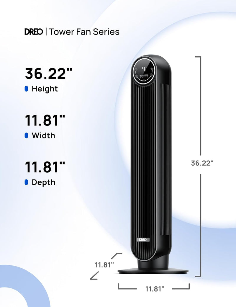 Dreo 28dB Tower Fan for Bedroom, 25ft/s Velocity Portable Cooling Fan, 90° Oscillating Standing Fans for Home, LED Display, 4 Speeds, 4 Modes, Timer, Quiet Electric Bladeless Fan, Remote Control