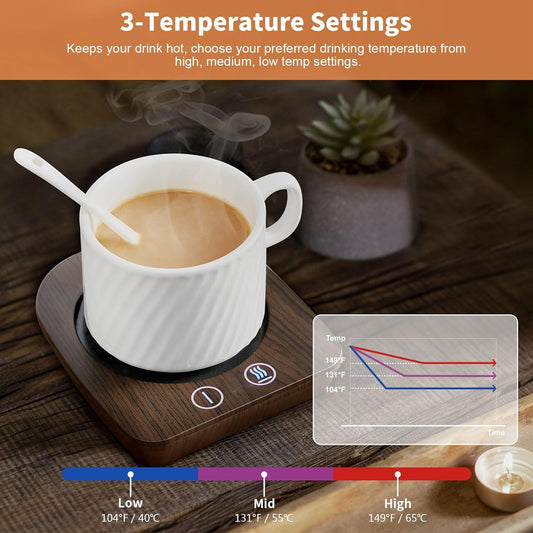 VOBAGA Imitation Wood Grain Coffee Cup Warmer & Mug Warmer for Desk, Electric Cup Beverage Warmer Plate with 3 Temperature Settings for Tea, Cocoa, Milk with Auto Shut Off After 4 Hours, for Gifts - PuriLite