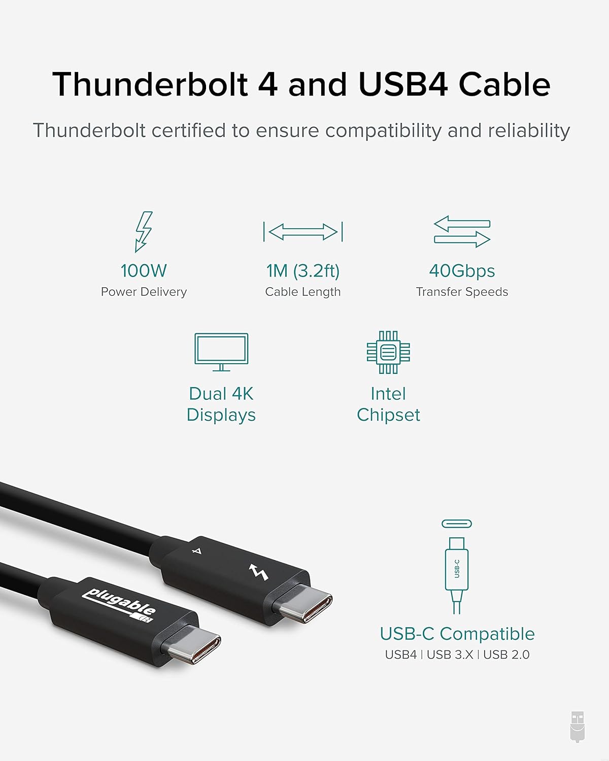 Plugable Thunderbolt 4 Cable [Thunderbolt Certified] 3.3ft USB4 Cable with 100W Charging, Single 8K or Dual 4K Displays, 40Gbps Data Transfer, Compatible with Thunderbolt, USB4, USB-C - Driverless