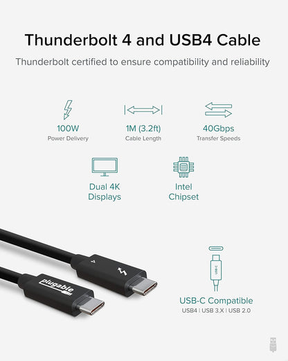 Plugable Thunderbolt 4 Cable [Thunderbolt Certified] 3.3ft USB4 Cable with 100W Charging, Single 8K or Dual 4K Displays, 40Gbps Data Transfer, Compatible with Thunderbolt, USB4, USB-C - Driverless