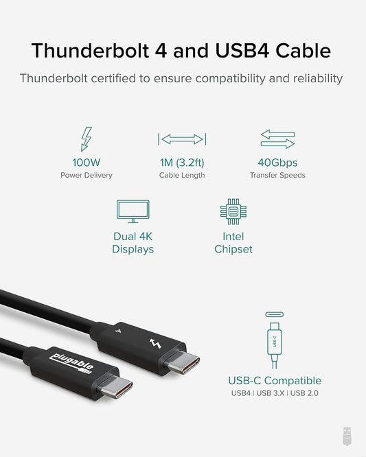 Plugable Thunderbolt 4 Cable [Thunderbolt Certified] 3.3ft USB4 Cable with 100W Charging, Single 8K or Dual 4K Displays, 40Gbps Data Transfer, Compatible with Thunderbolt, USB4, USB-C - Driverless - PuriLite