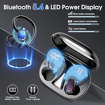 Wireless Earbuds, 50H Bluetooth 5.4 Headphones Sport, Bluetooth Earbuds with ENC Noise Canceling, HiFi Stereo Sound Wireless Earphones with Earhooks, IP7 Waterproof Ear Buds for Sports/Workout/Running - PuriLite