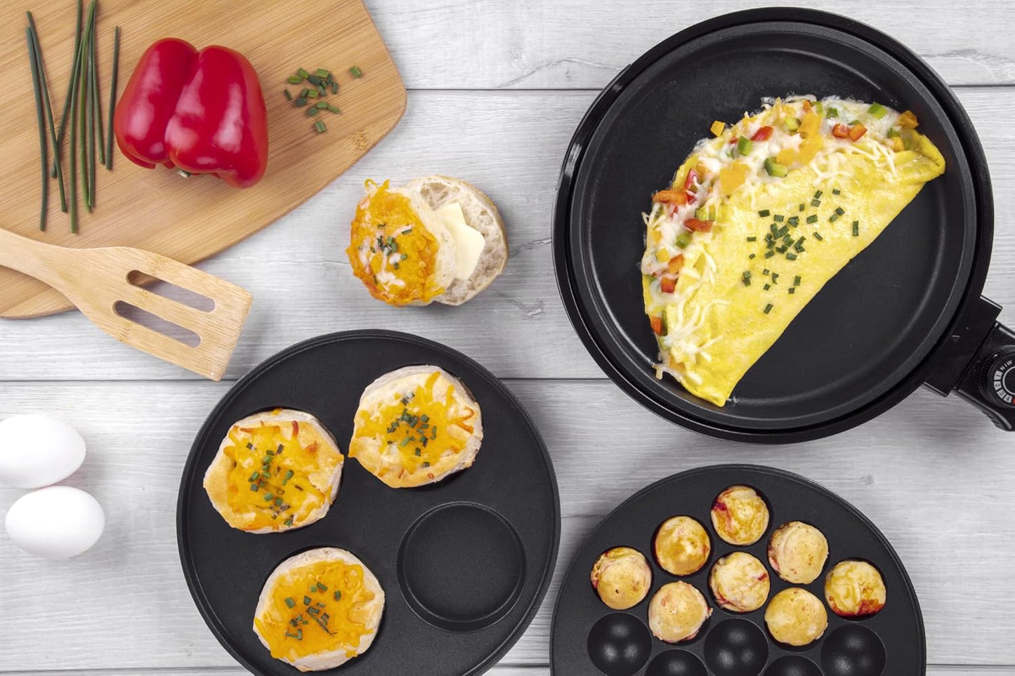 Multi Baker Deluxe- Baking Made Easy- Electric Appliance w Temp Control, 3 Interchangeable Skillets for Grilling, Baking or Dessert Making- Grilled Cheese, Omelets Pizza, Sandwiches, Cake Pops, Gift