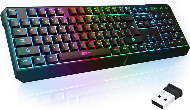 Klim Chroma Wireless Gaming Keyboard RGB New - Long-Lasting Rechargeable Battery - Quick and Quiet Typing - Water Resistant Backlit Wireless Keyboard for PC PS5 PS4 Xbox One Mac - Black