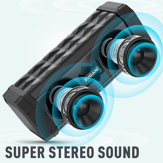 BUGANI Bluetooth Speaker M99 Speaker Bluetooth Wireless, Louder Volume, Stereo Sound, 24H Playtime, 100ft Wireless Range, IPX5 Waterproof, Built-in Mic, Wireless Speaker for Home, Outdoor, Black - PuriLite
