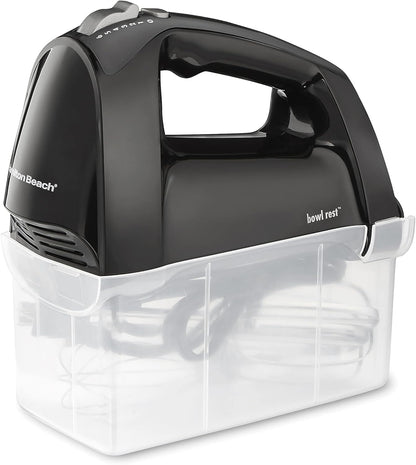 Hamilton Beach 6 Speed Hand Mixer with QuickBurst, Includes Snap-On Storage Case and 3 Attachments, Black, 62690F