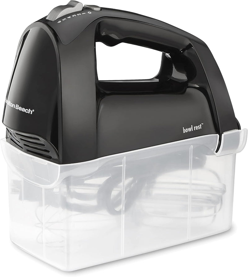 Hamilton Beach 6 Speed Hand Mixer with QuickBurst, Includes Snap-On Storage Case and 3 Attachments, Black, 62690F