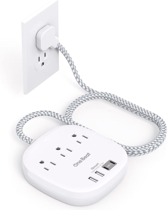 Flat Plug Power Bar with USB C, 5FT Ultra-Thin Extension Cord, 3 Outlet with 4 USB Ports (2 USB C) Desktop Charging Station, No Surge Protection for Cruise Ship, Travel Essentials, Dorm Room