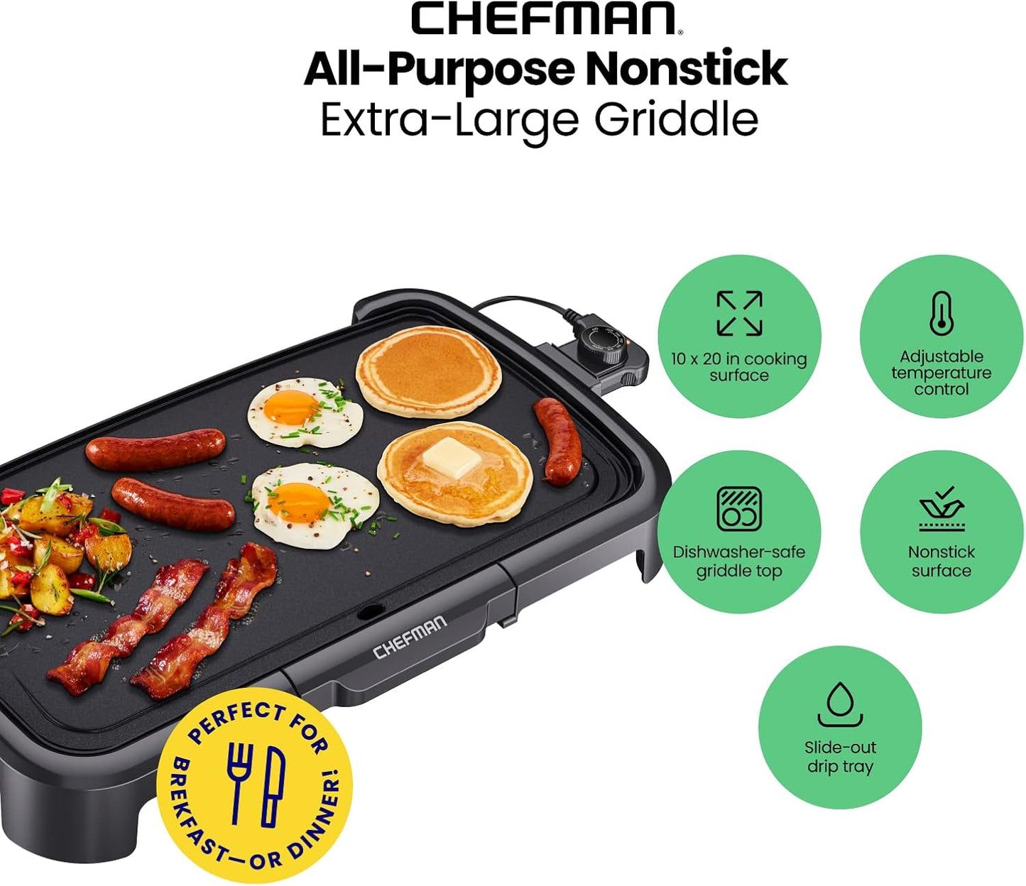 XL Electric Griddle Nonstick Flat Top Grill with Adjustable Temperature Control Removable Thermostat Large Cooking Surface - PuriLite