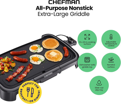 XL Electric Griddle Nonstick Flat Top Grill with Adjustable Temperature Control Removable Thermostat Large Cooking Surface - PuriLite