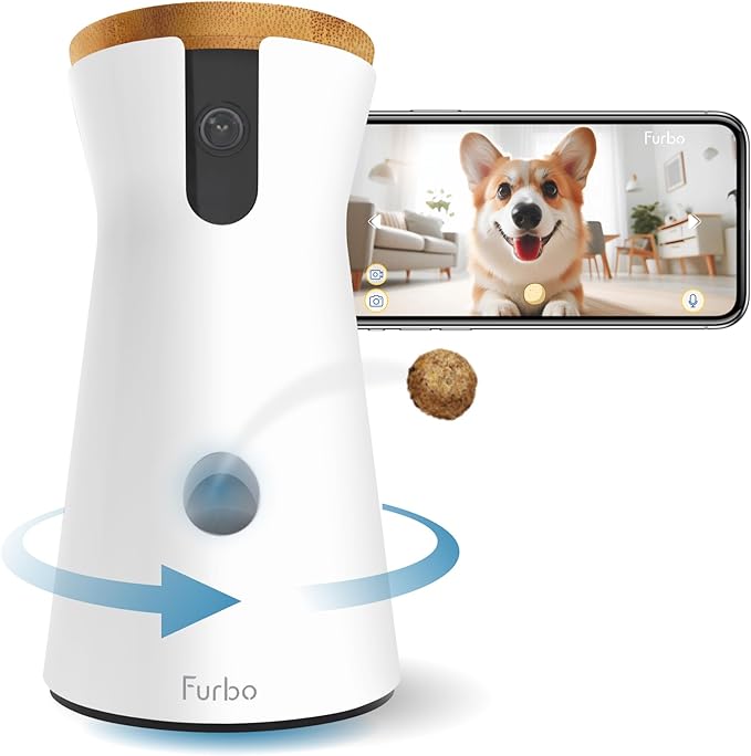 Furbo 360° Dog Camera: Home Security Camera with Barking Alerts, Rotating Pet Treat Camera with Phone App, Smart Home Indoor Puppy Cam with 2-Way Speaker and Night Vision (No Subscription Required)