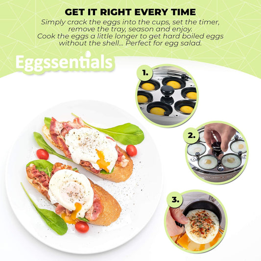 Eggssentials 6-Cup Egg Poacher Pan Nonstick Poached Egg Maker Stainless Steel & Aluminum, PFOA Free with Glass Lid and Spatula - PuriLite