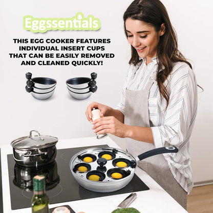 Eggssentials 6-Cup Egg Poacher Pan Nonstick Poached Egg Maker Stainless Steel & Aluminum, PFOA Free with Glass Lid and Spatula - PuriLite