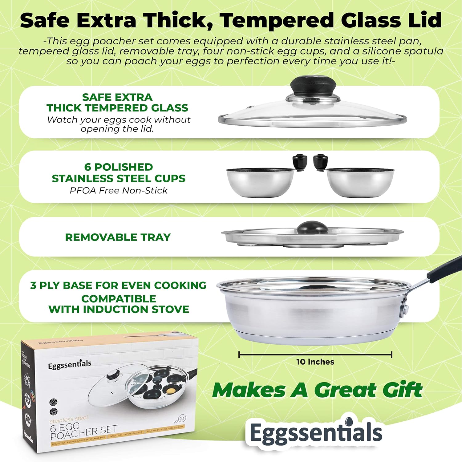 Eggssentials 6-Cup Egg Poacher Pan Nonstick Poached Egg Maker Stainless Steel & Aluminum, PFOA Free with Glass Lid and Spatula - PuriLite