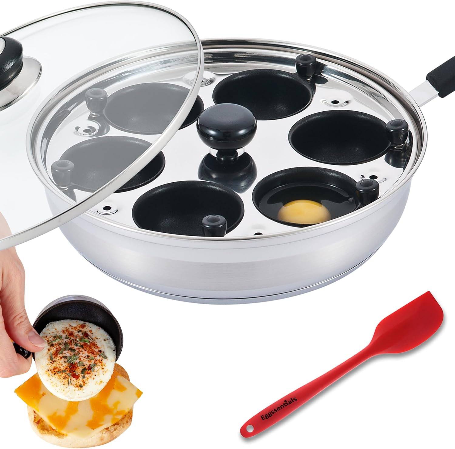 Eggssentials 6-Cup Egg Poacher Pan Nonstick Poached Egg Maker Stainless Steel & Aluminum, PFOA Free with Glass Lid and Spatula - PuriLite