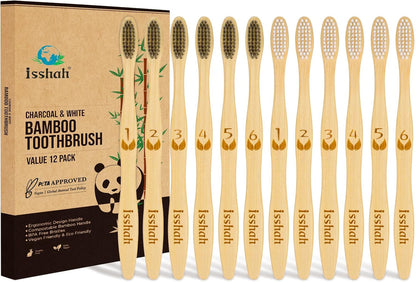 Isshah Biodegradable Eco-Friendly Natural Bamboo Charcoal Toothbrushes, FSC Certified and PETA Approved - 12 Count