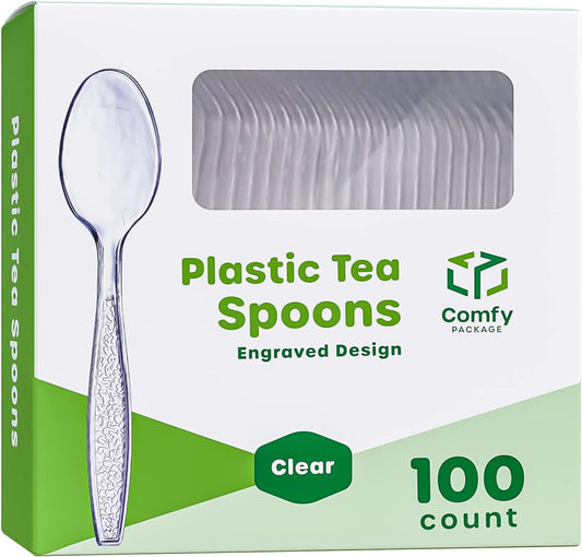 [100 Count] Engraved Clear Tea Spoons – Elegant Disposable Mini Utensils with Stylish Etched Design for Coffee, Desserts, and Events - Formerly Comfy Package