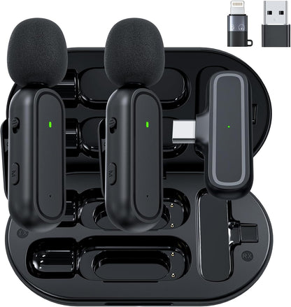 2-Pack Wireless Lavalier Microphone for iPhone iPad Android, Mini Microphone Included Charging Case & Jack Adapter, Noise Reduction Plug-Play Clip on Lapel Mic for Youtuber, Recording,Vlog, Facebook
