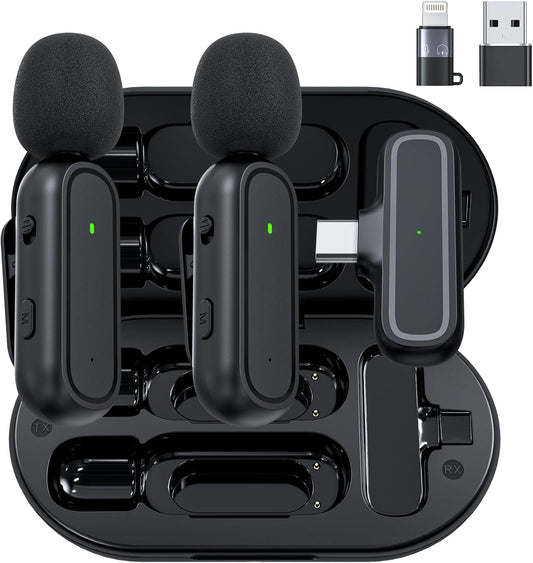 2-Pack Wireless Lavalier Microphone for iPhone iPad Android, Mini Microphone Included Charging Case & Jack Adapter, Noise Reduction Plug-Play Clip on Lapel Mic for Youtuber, Recording,Vlog, Facebook