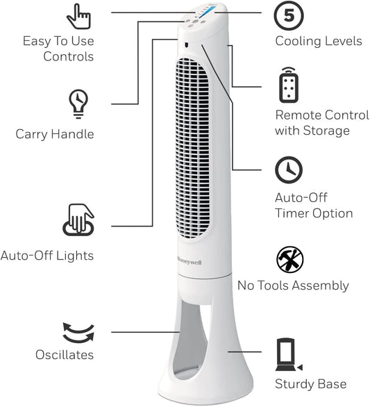 Honeywell HYF260WC QuietSet® Whole Room 40” Tall Tower Fan Home, Bedroom, Office, 75° Oscillation, Remote Control, 5 speeds, Slim Profile, Auto Shut-Off, Portable, Easy-to Use Controls, White - PuriLite
