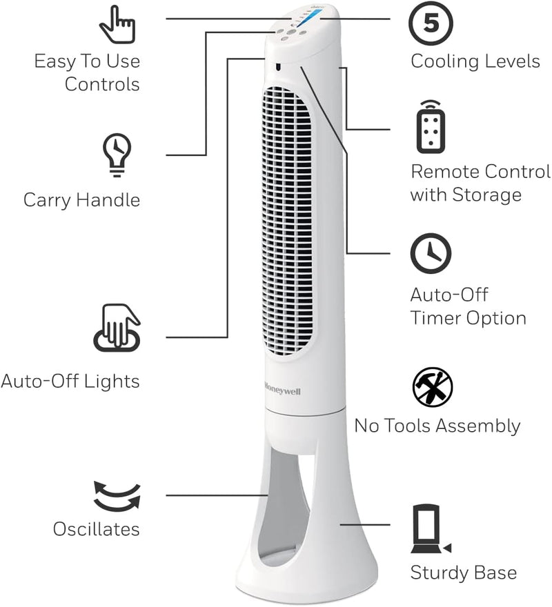 Honeywell HYF260WC QuietSet® Whole Room 40” Tall Tower Fan Home, Bedroom, Office, 75° Oscillation, Remote Control, 5 speeds, Slim Profile, Auto Shut-Off, Portable, Easy-to Use Controls, White