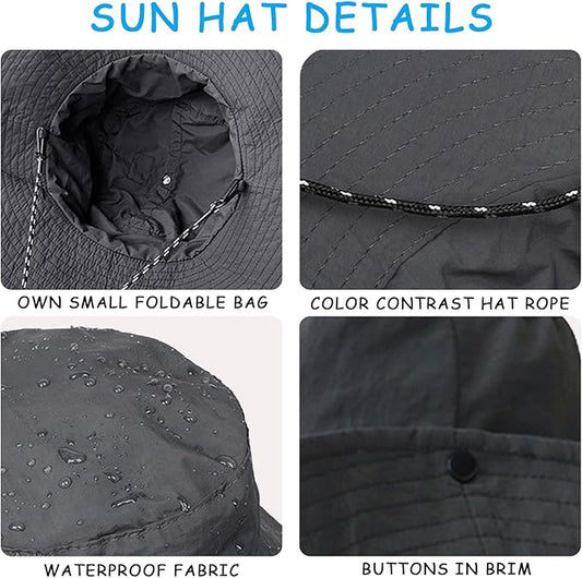 UlifeBetter Packable Sun Hat for Men Women, Foldable Black Bucket Hat Outdoor Hat Bucket Rain Hat Waterproof Fishing Hat Beach Hats with String Sun Protection Hat Sun Blocking for Camping Hiking