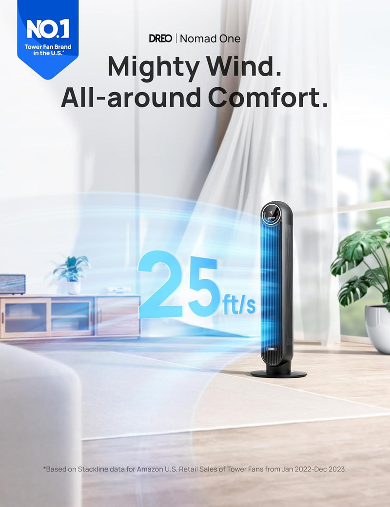 Dreo 28dB Tower Fan for Bedroom, 25ft/s Velocity Portable Cooling Fan, 90° Oscillating Standing Fans for Home, LED Display, 4 Speeds, 4 Modes, Timer, Quiet Electric Bladeless Fan, Remote Control