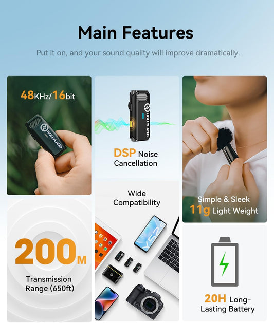 Hollyland Lark M1 Wireless Lavalier Microphone Compatible with iPhone Android Camera, 656ft 8h Noise Reduction Lapel Mic for Interview Live Stream Video Recording Vlog, 2TX+1RX+Charging Case, Black - PuriLite