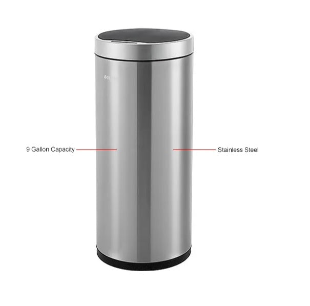 Global Industrial™ Round Motion Sensor Trash Can, 9-1/4 Gallon, Brushed Stainless Steel