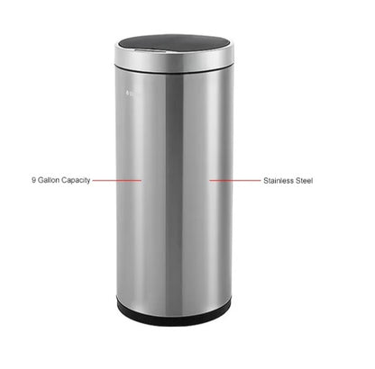 Global Industrial™ Round Motion Sensor Trash Can, 9-1/4 Gallon, Brushed Stainless Steel
