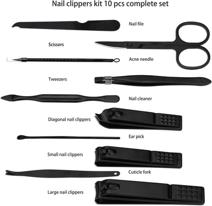 Manicure Set Nail Clippers Kit Professional Stainless Steel Nail Care Tools with Leather Travel Case 10 in 1 Black
