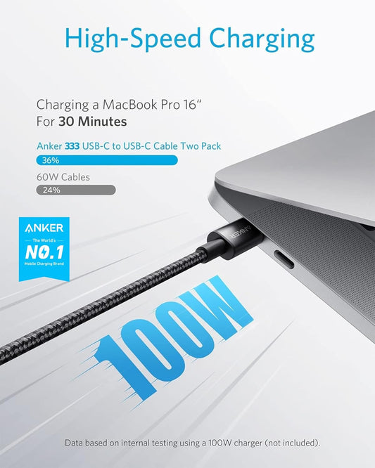 Anker USB C to USB C Cable (6FT, 2Pack), Type-C 100W Charger Cord Fast Charging for iPhone 16 Series,MacBook Pro 2020,Pixel and More(Black) - PuriLite