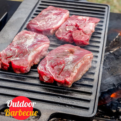 Overmont Reversible Cast Iron Grill Pan 17x9.8 Pre-Seasoned Griddle Skillet for Stove, Oven & Campfire with Scrapers (OM-Griddle) - PuriLite