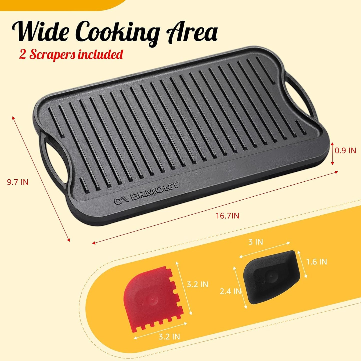 Overmont Reversible Cast Iron Grill Pan 17x9.8 Pre-Seasoned Griddle Skillet for Stove, Oven & Campfire with Scrapers (OM-Griddle) - PuriLite