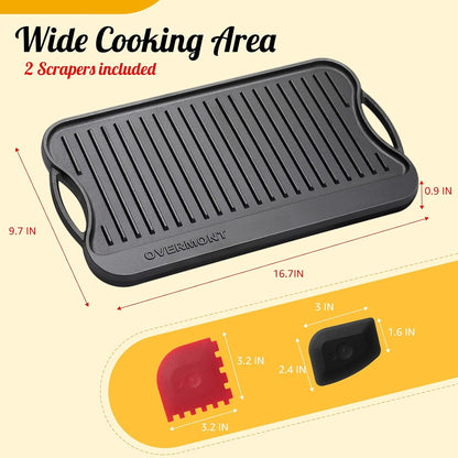 Overmont Reversible Cast Iron Grill Pan 17x9.8 Pre-Seasoned Griddle Skillet for Stove, Oven & Campfire with Scrapers (OM-Griddle) - PuriLite