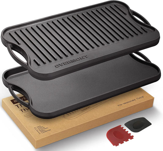Overmont Reversible Cast Iron Grill Pan 17x9.8 Pre-Seasoned Griddle Skillet for Stove, Oven & Campfire with Scrapers (OM-Griddle) - PuriLite